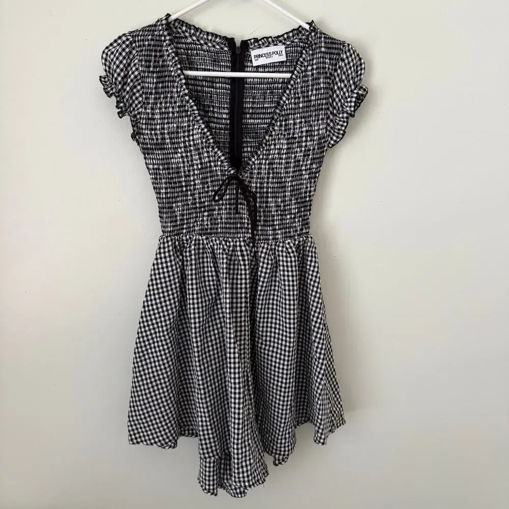 Princess Polly | Black/White Gingham Wescott Gingham Bow Tie Neck Romper Gameday